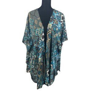 Just Ginger Womens Top Kimono Open Front Southwestern Aztec Teal Brown One‎ Size